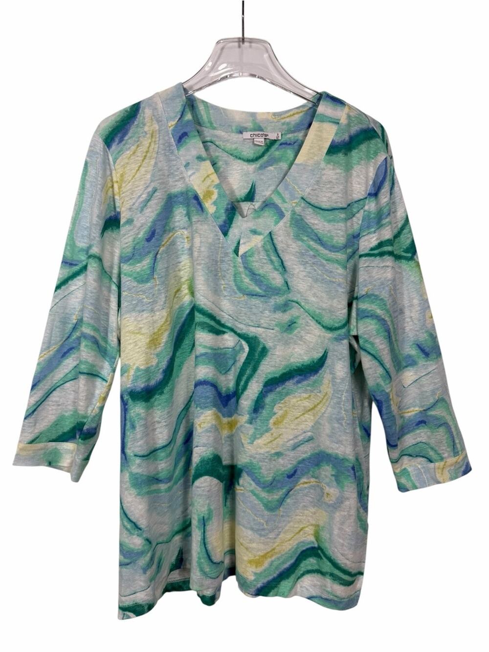 Chico's 100% Linen Watercolor Tunic Top Blue Green Size XL(3)